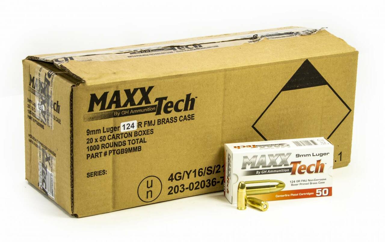 MaxxTech 9mm 124 Gr FMJ Brass Ammo 1000 Round Case BattleHawk Armory