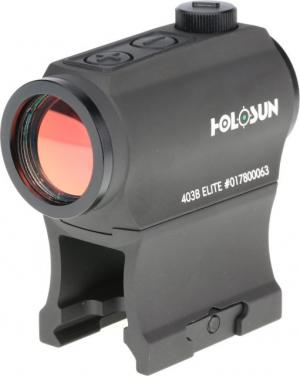 The Holosun HE 403B is a 1x magnification green dot sight with a 2 MOA dot, designed for quick target acquisition in black color.