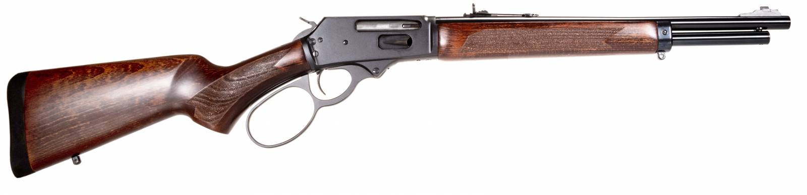 This Rossi R95 Trapper lever action rifle is chambered in .30-30 Winchester, has a 16.5' barrel, a capacity of five plus one, and is finished in black and wood.