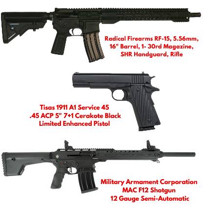 3 Gun Package! 1-Tisas 45acp 1911, 1-Radical 5.56 Rifle, 1- MAC F12 AR ...