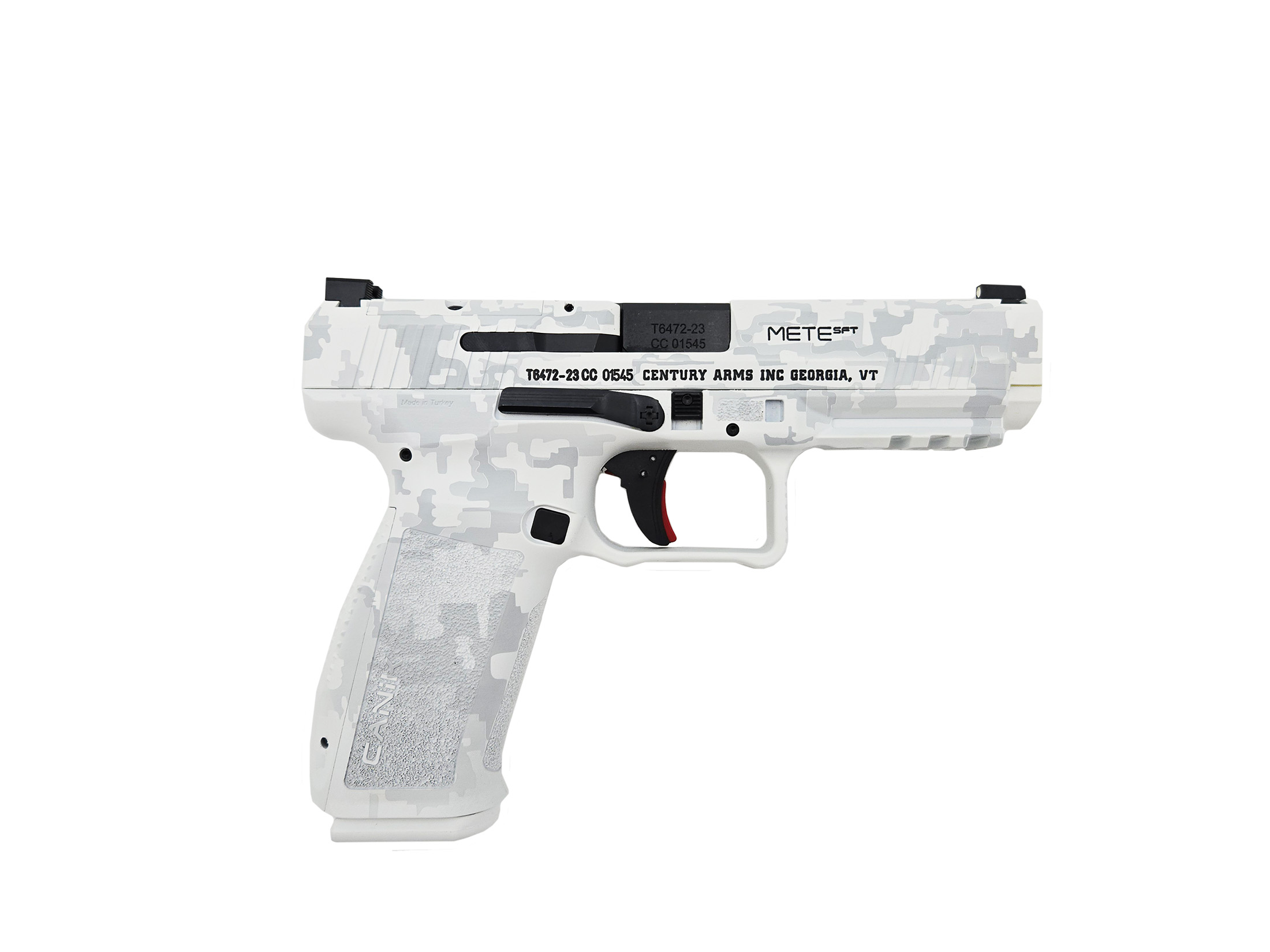 Canik Mete SFT 9mm Luger 18+1/20+1 4.46 in Black Match Grade Barrel, Arctic Digital Camo Optic Ready/Serrated Steel Slide, Polymer Frame w/Picatinny Rail