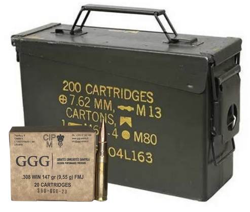 GGG 308 Winchester Ammo 147 Grain Full Metal Jacket 200rd w/ M19A1 Ammo ...