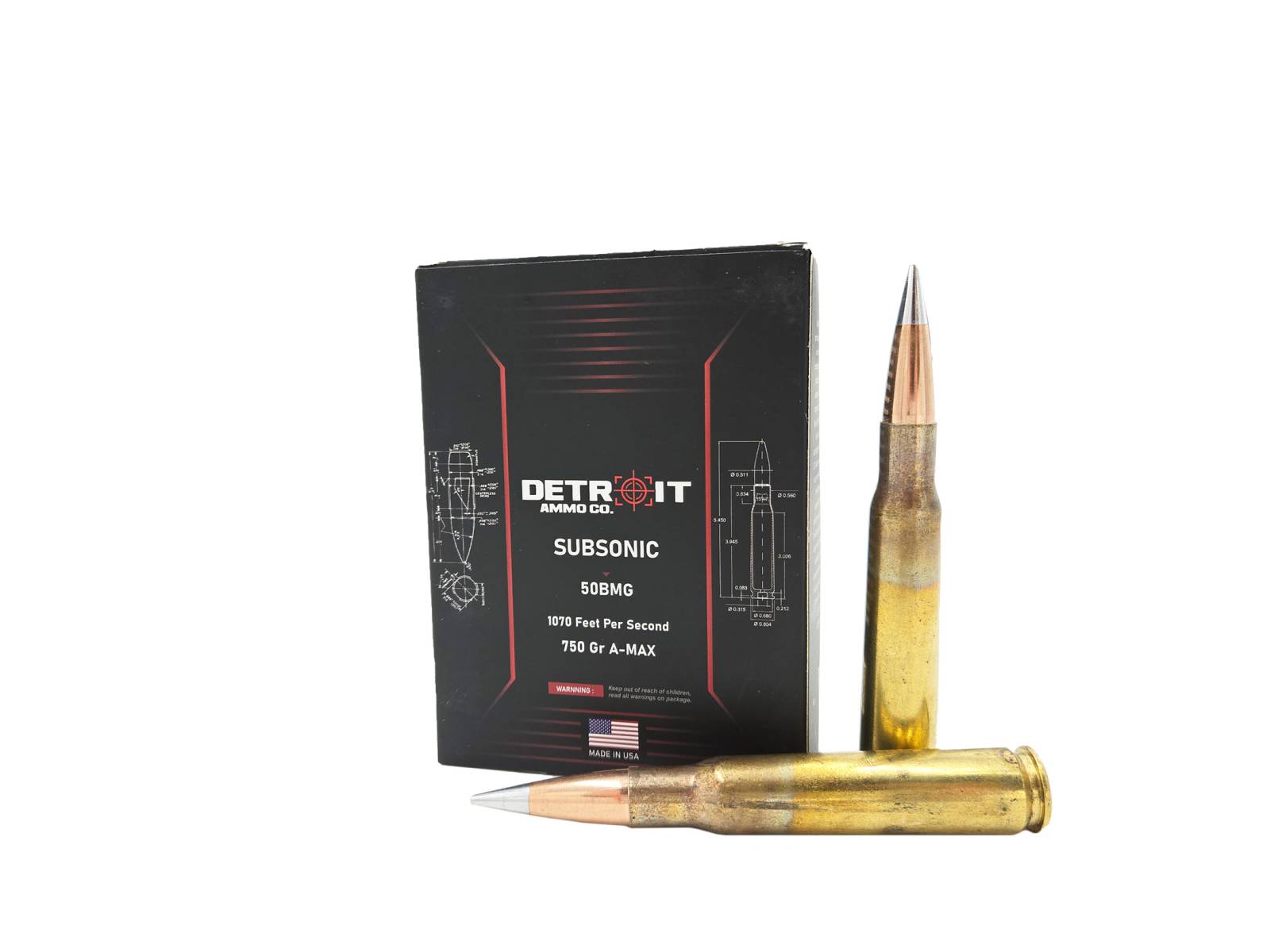 Detroit Ammo Co Subsonic 50 BMG 750 Grain A Max Boat Tail Box Of 10
