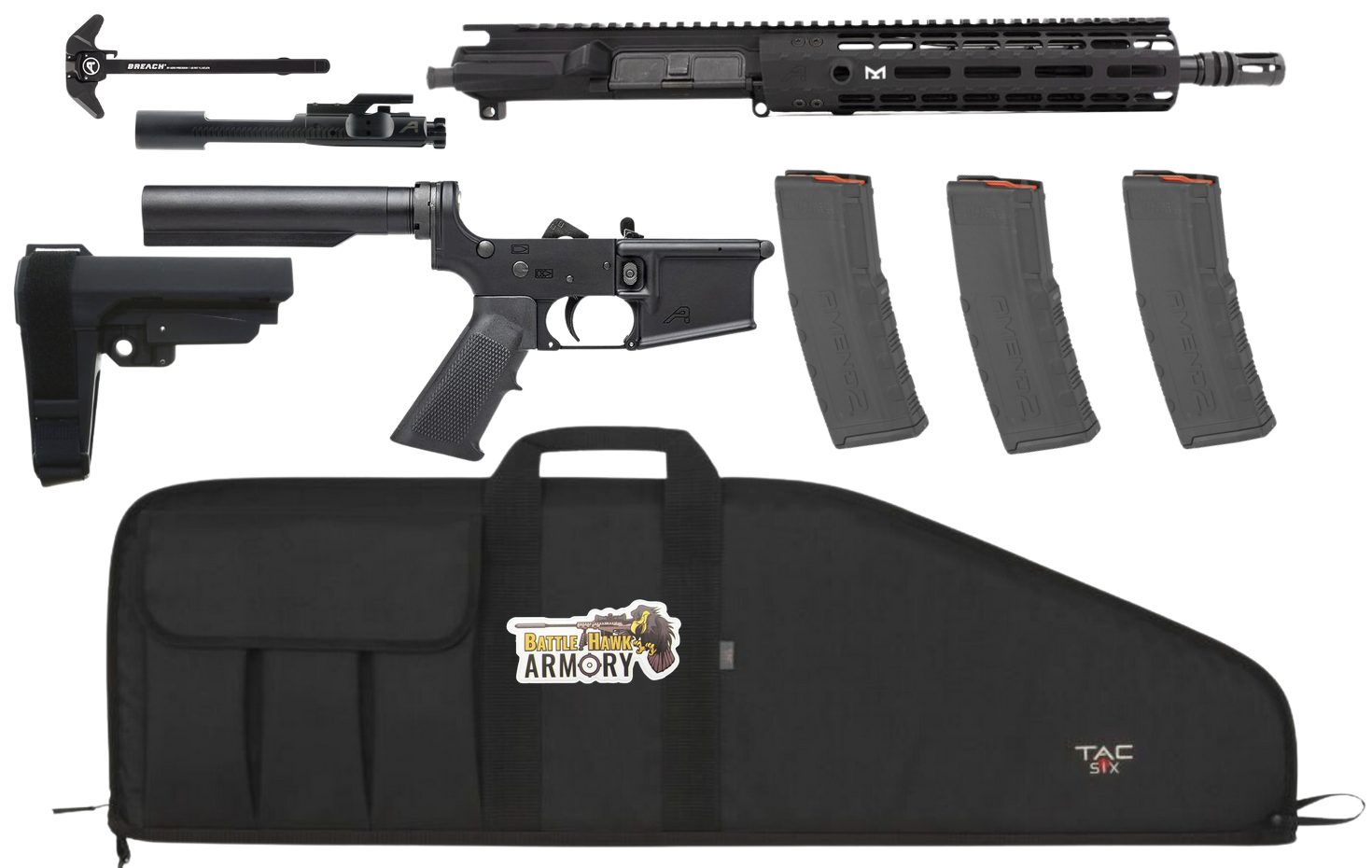 Aero Precision AR-15 5.56 10.5' Pistol Kit, Complete Lower, 10.5' 5.56 Upper, Nitride BCG, Breach Charging, SBA3 Brace, 3 Mags, Range Bag