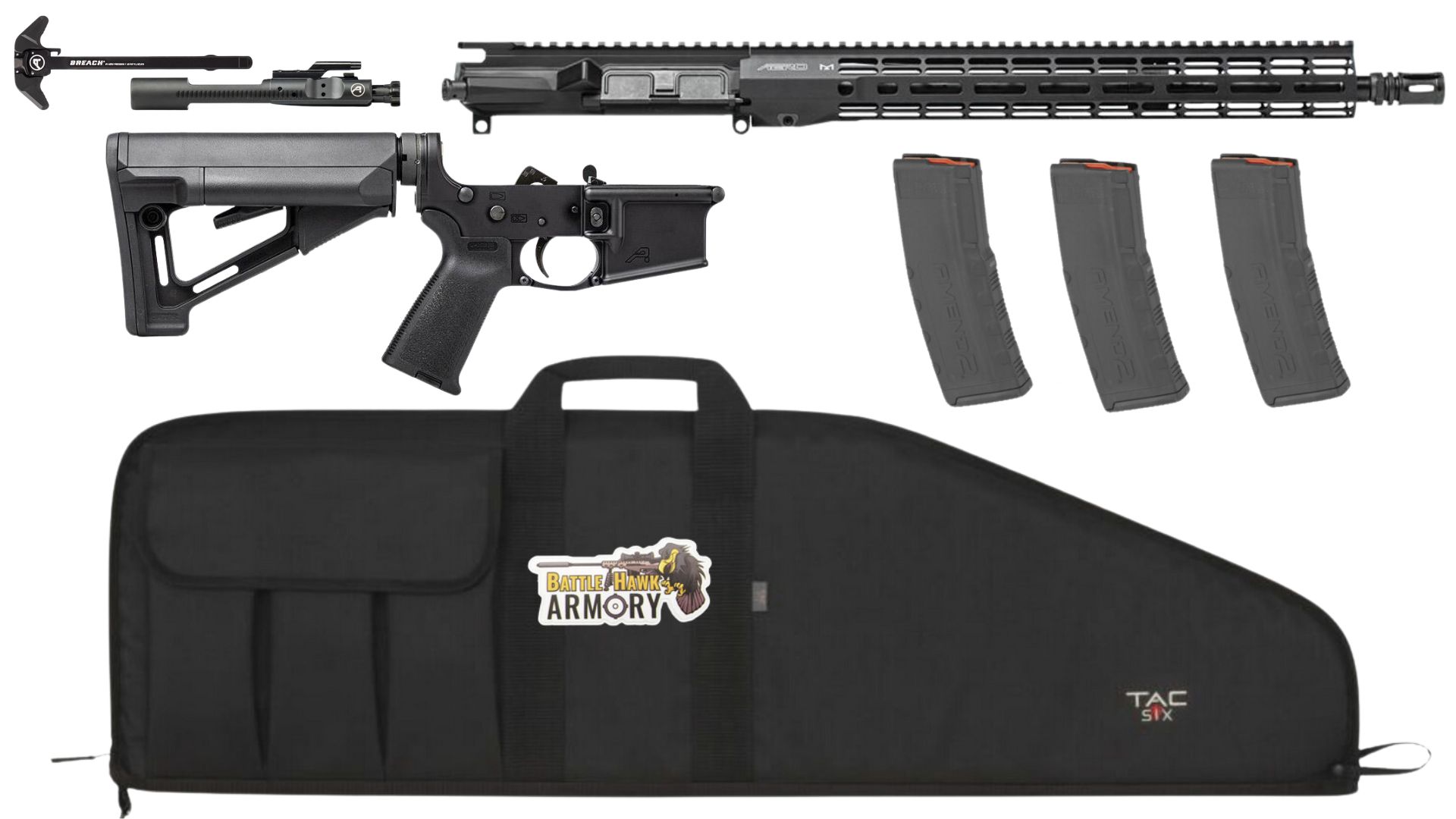 Aero Precision AR-15 .223 Wylde 16' Rifle Kit, Enhanced Complete Lower, 16' M4E1 16' .223 Wylde 15' MLOK R-ONE Upper, Phosphate BCG, Charging Handle, 3 Mags, Range Bag