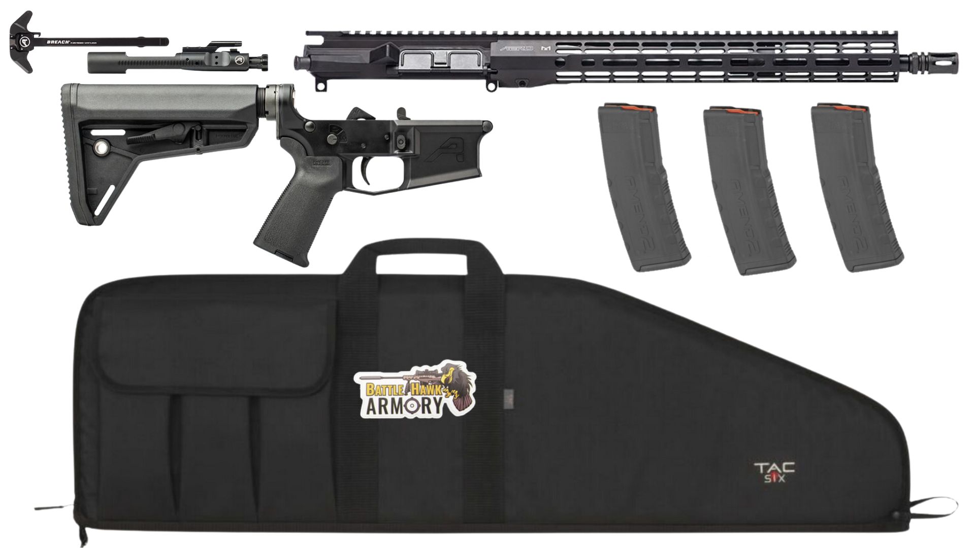 Aero Precision M4E1 5.56 16' Rifle Kit, M4E1 Complete Lower w/ SL Stock, 16' M4E1 5.56 15' MLOK R-One Upper, Phosphate BCG, Breach Charging Handle, 3 Mags, Range Bag