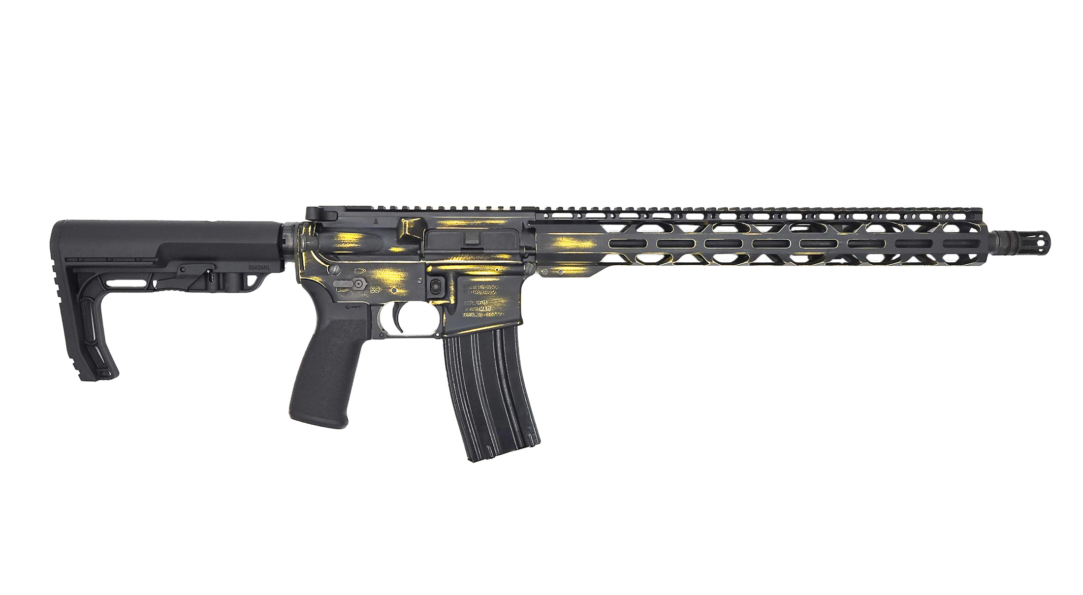 Radical Firearms RF-15, 5.56mm, 16' Barrel, 1- 30rd Magazine, MFT Furniture w/ RPR Handguard, Battleworn Black & Gold, Rifle