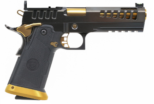 Watchtower Firearms, Demolitia, Demolition Ranch, Black w/ 5" Gold Ported Barrel, 4 Mags, 9mm Doublestack 1911 Pistol