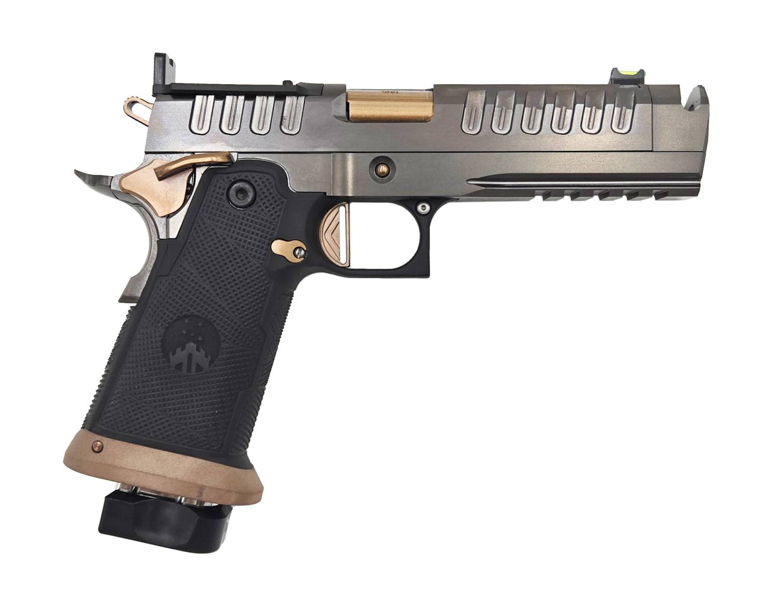 WATCHTOWER APACHE DOUBLE STACKED 1911, 4.6" 9MM w/ COMP, 1-17RD, 1-21RD MAG, GRAPHITE/COPPER PISTOL