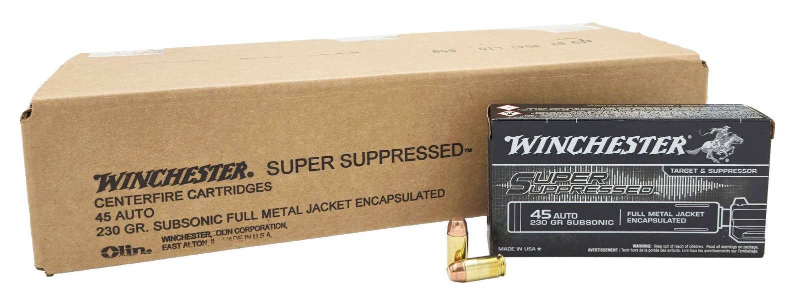 Winchester Repeating Arms Winchester Ammo SUP45 Super Suppressed 45 ACP Subsonic 230 GR Full Metal Jacket FMJ 50 RD Box 1