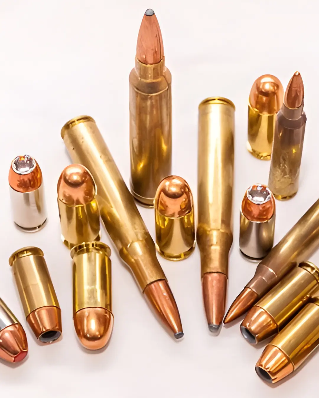 Assorted handgun and rifle ammunition of varying calibers on a white background