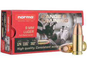 Norma Ammunition Range and Training  9mm Luger 124 gr Full Metal Jacket (FMJ) Ammunition 50rd Box