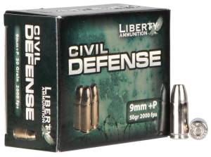 Liberty Ammunition LACD09014 Civil Defense  9mm Luger +P 50 gr Hollow Point (HP) 20 Bx/ 50 Cs